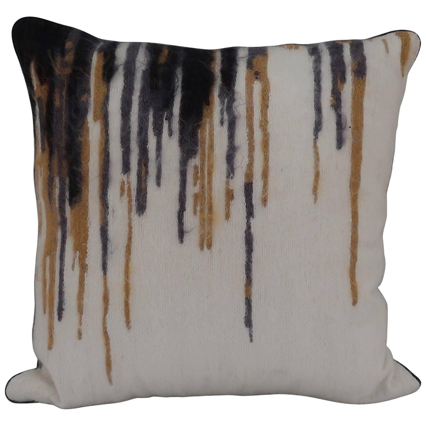 Handcrafted Embroidered Pillow  White Black Gold and Grey Metallic Highlights For Sale