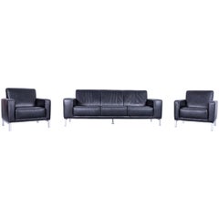 Used Koinor Nove Designer Leather Sofa Set Three-Seat and 2 x Armchair Black
