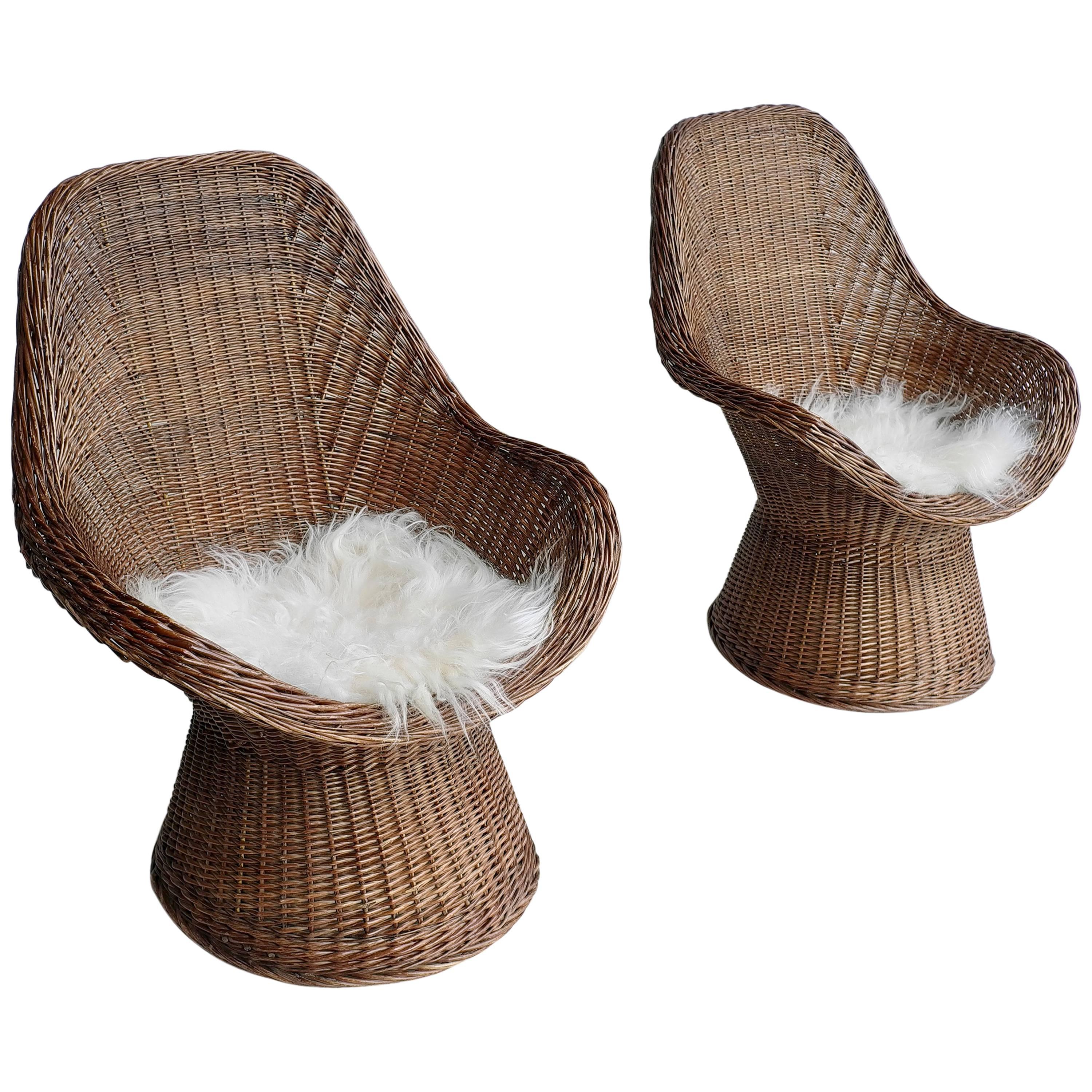 Pair of Dutch Twined Willow Basket Chairs with Woolen Seats, 1960s
