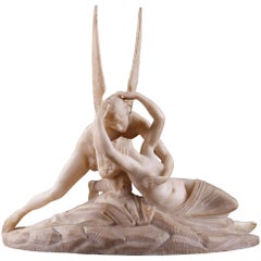 19th Century Alabaster Sculpture Amour and Psyche after Antonio Canova