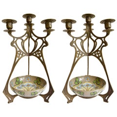Pair of Three Branch Jugendstil Style Brass Candlesticks with Ceramic Bowl 