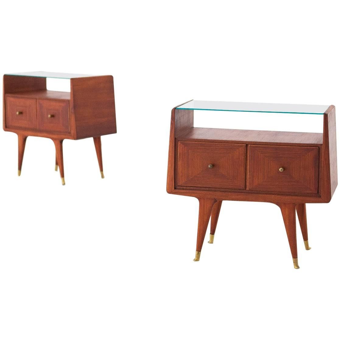 Italian Mid-Century Modern Brass and Mahogany Bedside Tables Nightstands, 1950s