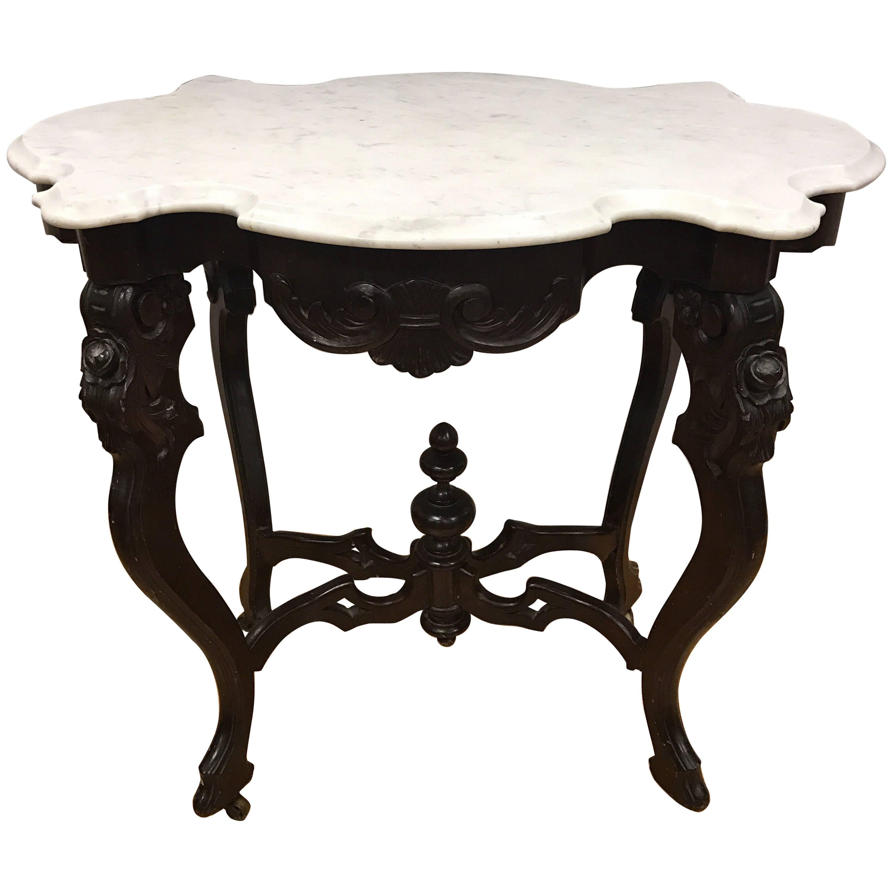 Antique Victorian Carved Walnut Marble-Top Centre Foyer Table