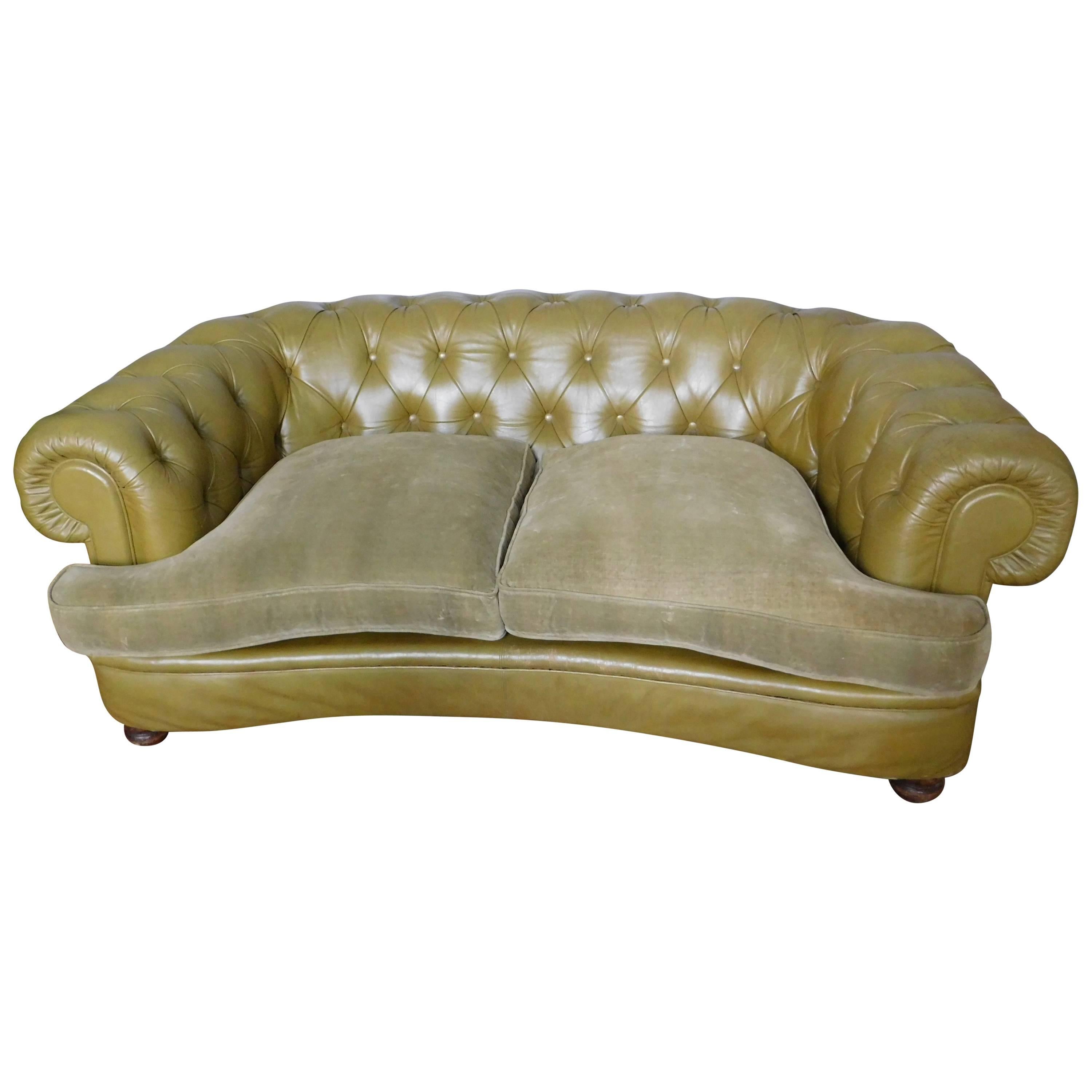 Vintage English Chesterfield Settee in Olive Green Leather with Velvet Cushions For Sale
