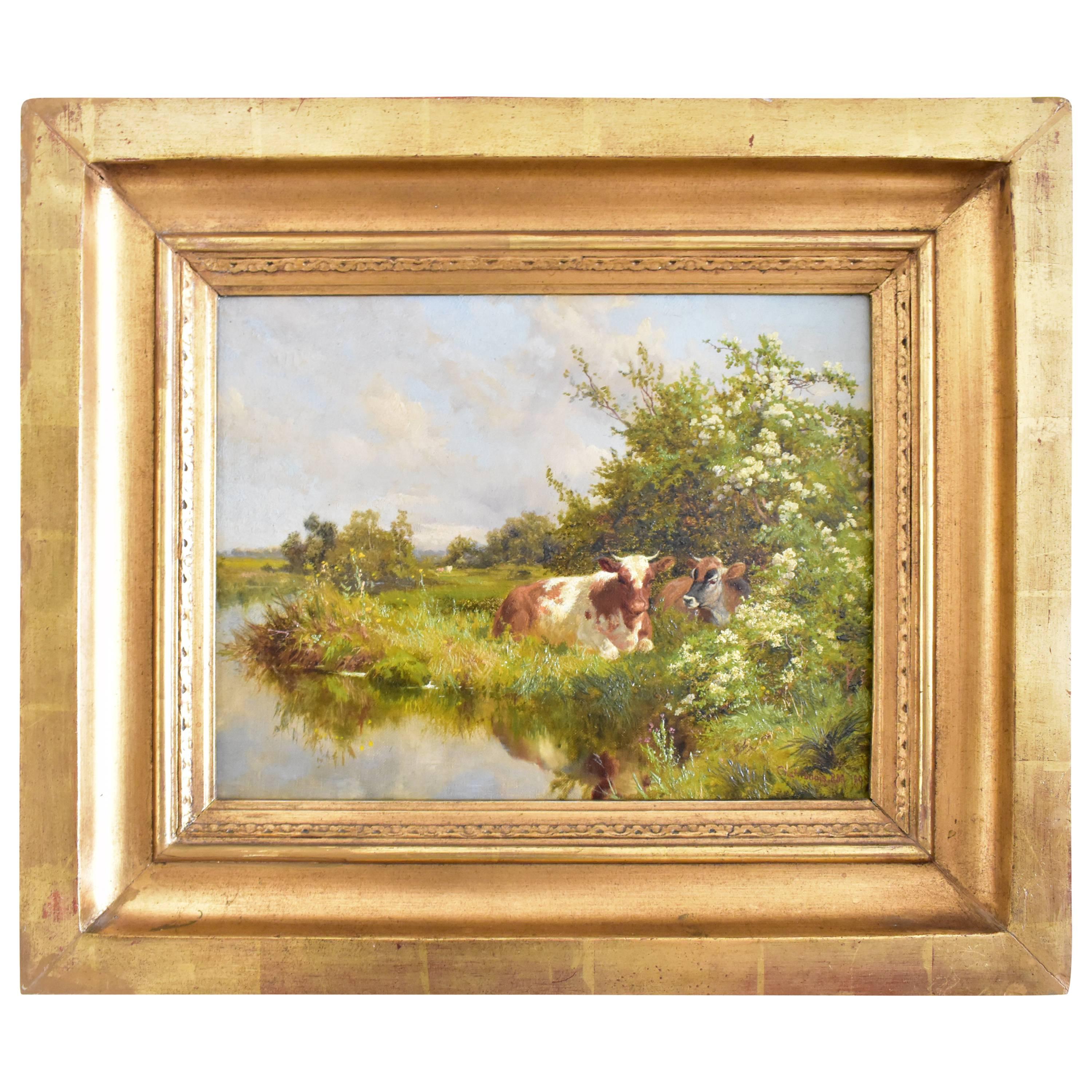 Oil on Canvas Painting by Charles Collins "Cattle by a Stream" 1897 Signed Dated For Sale