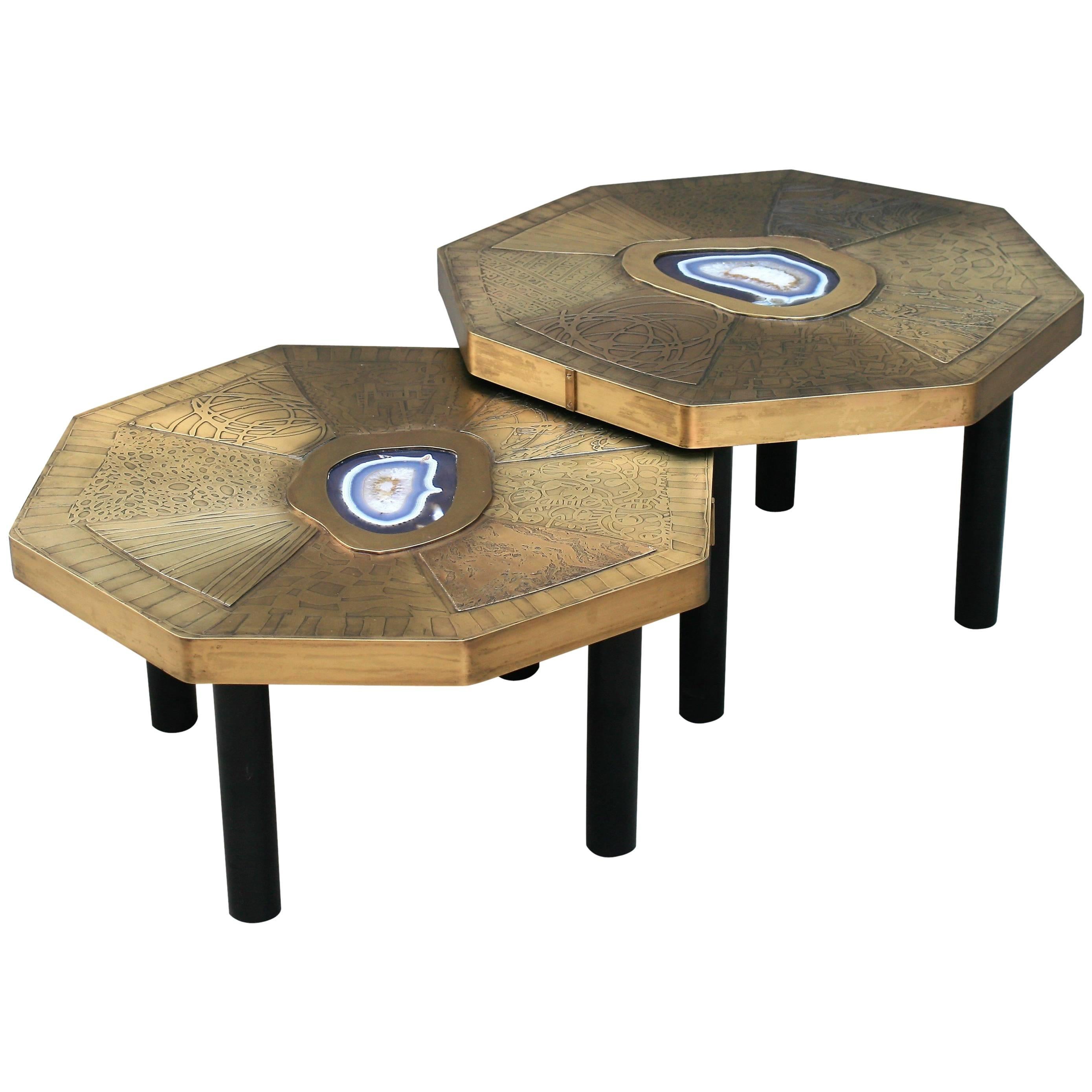 Two Octagonal Coffee Tables, Patinated Acid Etched Brass and Agate Slices