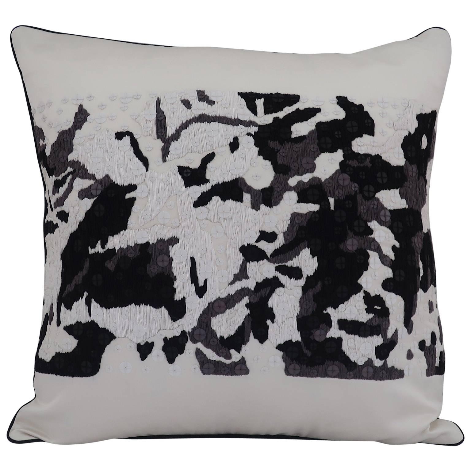 Handcrafted Embroidered Pillow Black White and Grey Abstract Floral For Sale