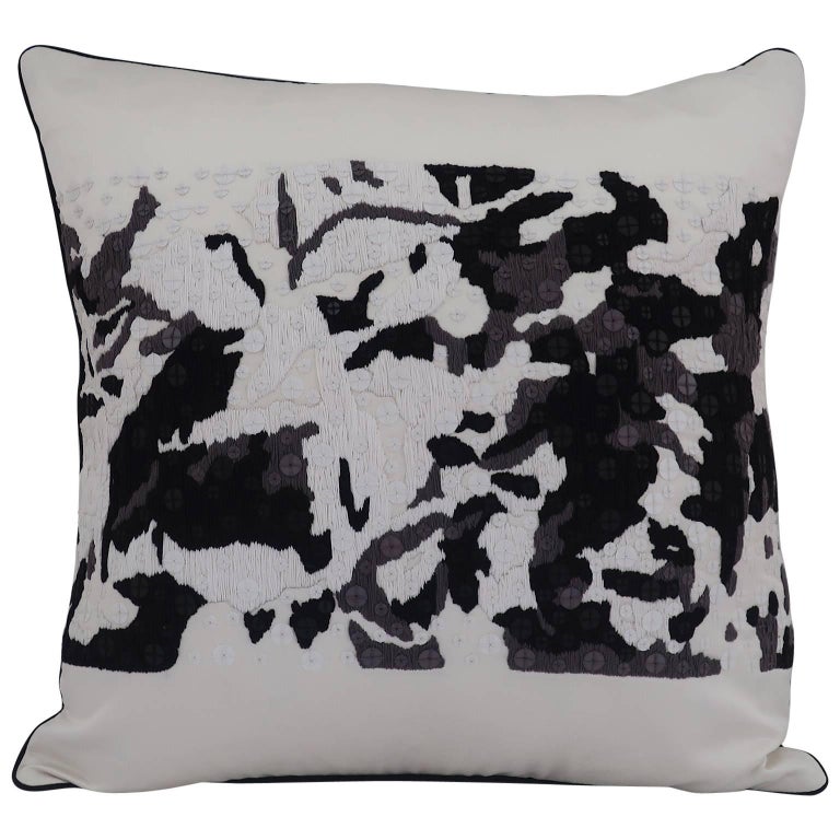 Handcrafted Embroidered Pillow Black White and Grey Abstract Floral For