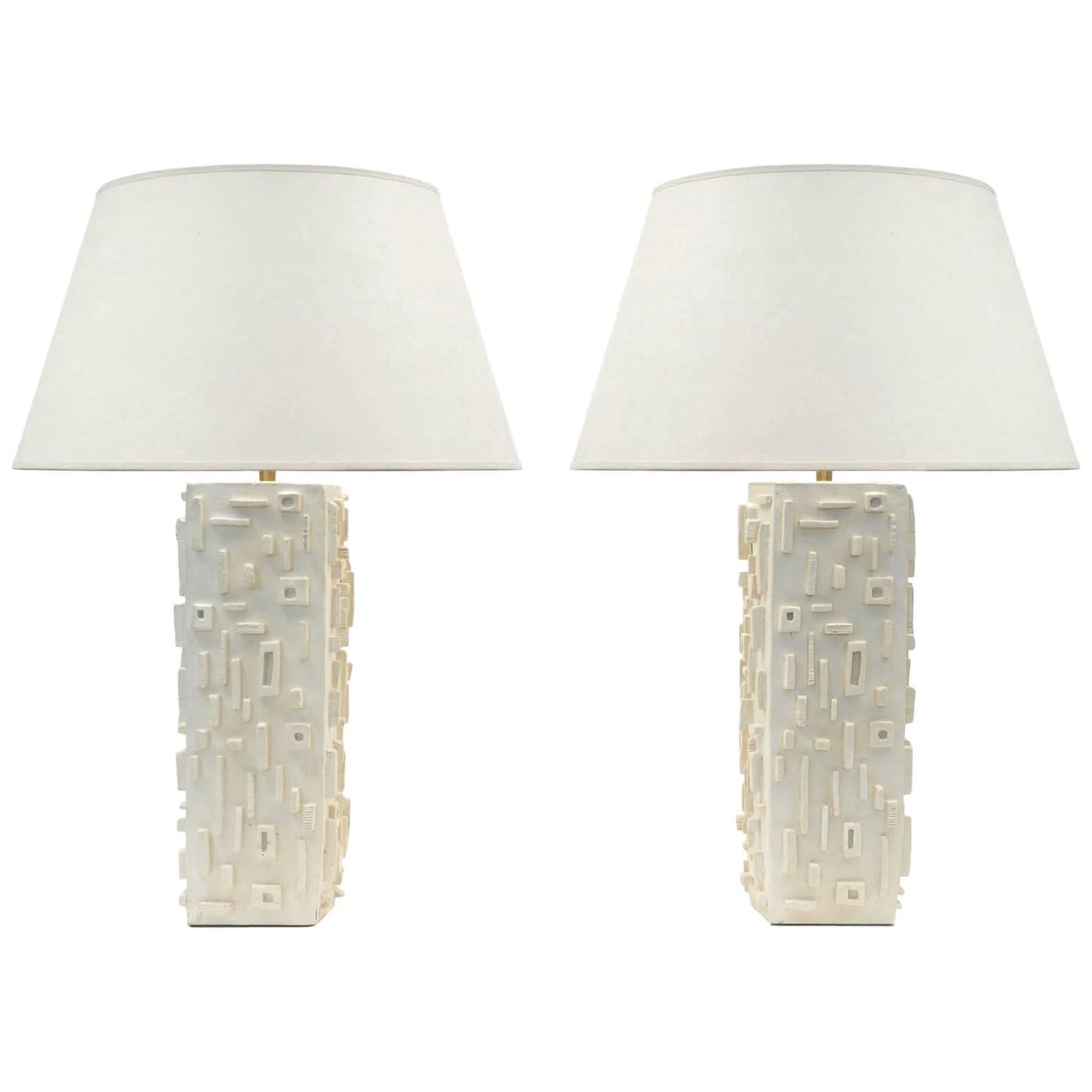 Pair of Modern Plaster Table Lamps with a Carved Geometric Pattern, France