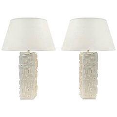 Pair of Modern Plaster Table Lamps with a Carved Geometric Pattern, France