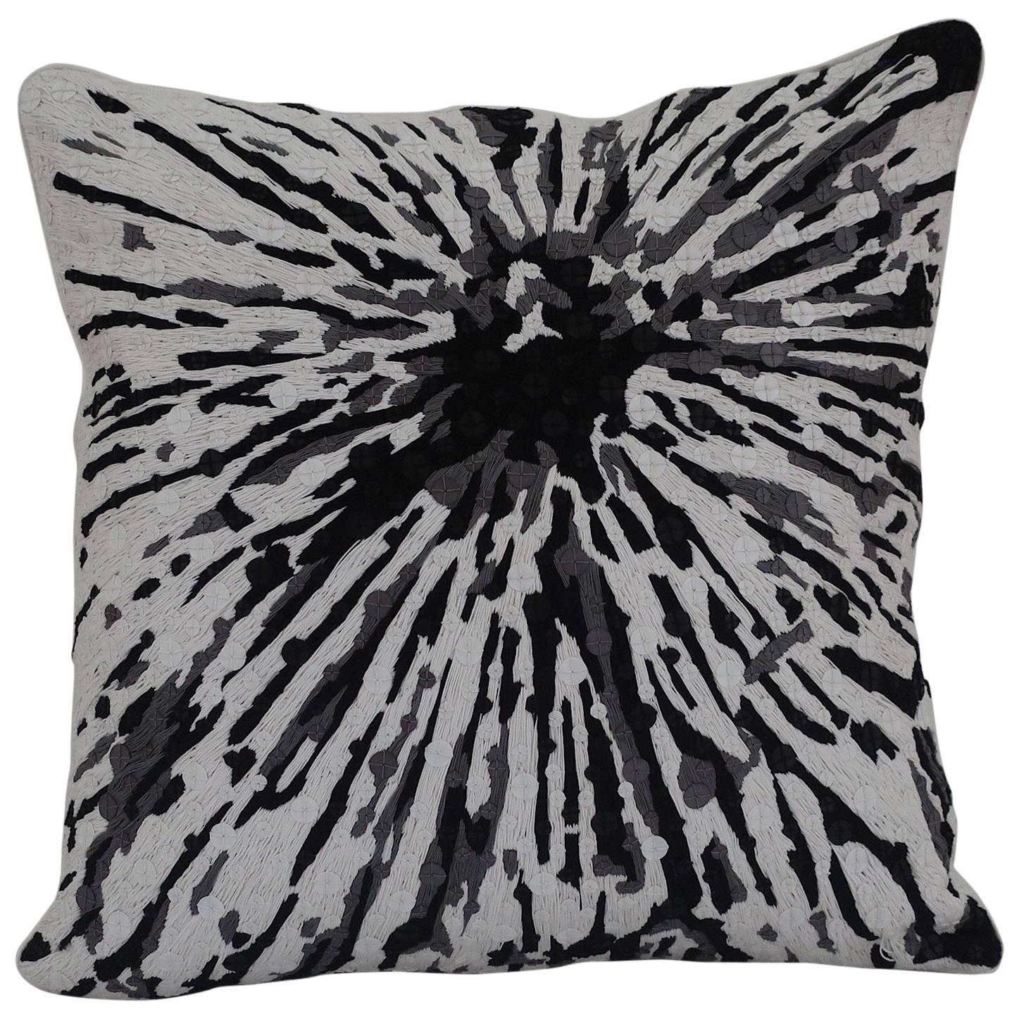 Handcrafted Embroidered Pillow Black White and Grey Floral For Sale