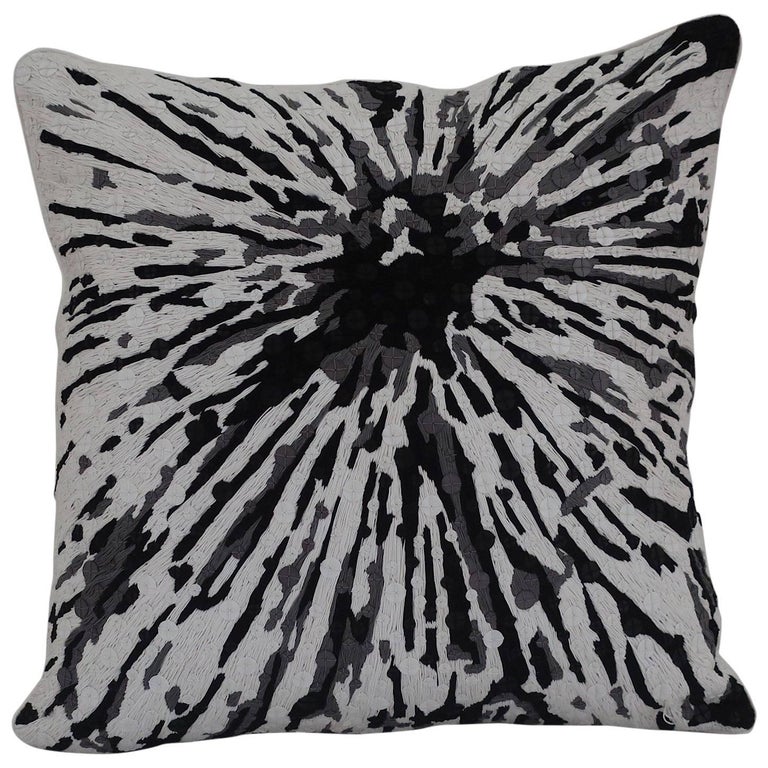 Handcrafted Embroidered Pillow Black White and Grey Floral For Sale at
