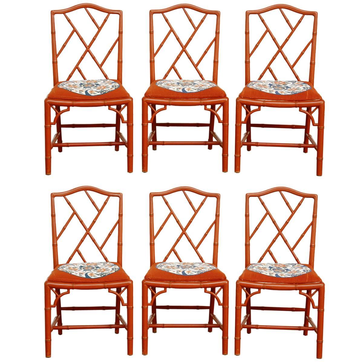 Set of Six Faux Bamboo Chinese Chippendale Lacquered Chairs