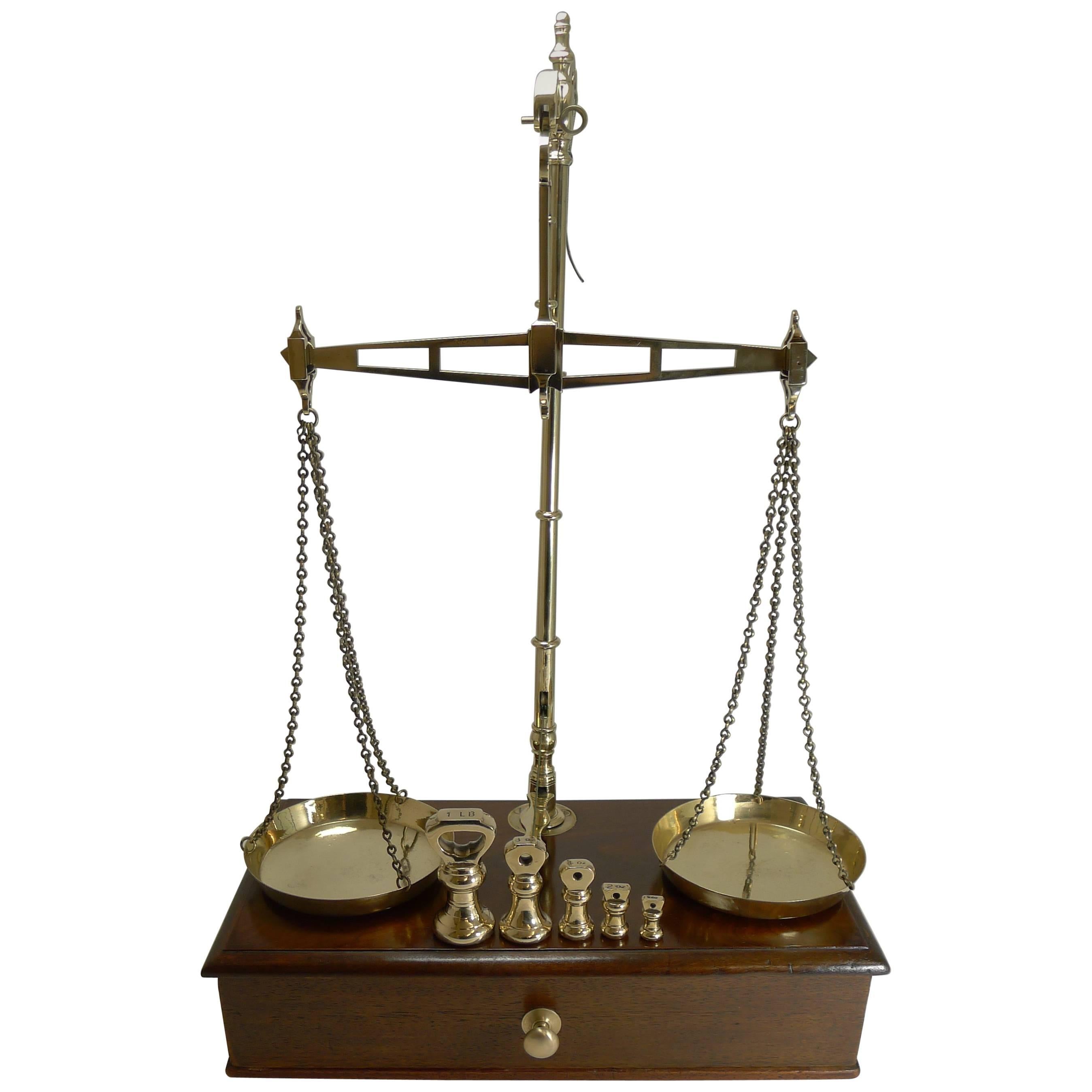 Large Boxed Antique English Commodity Scales in Mahogany and Brass, circa 1880