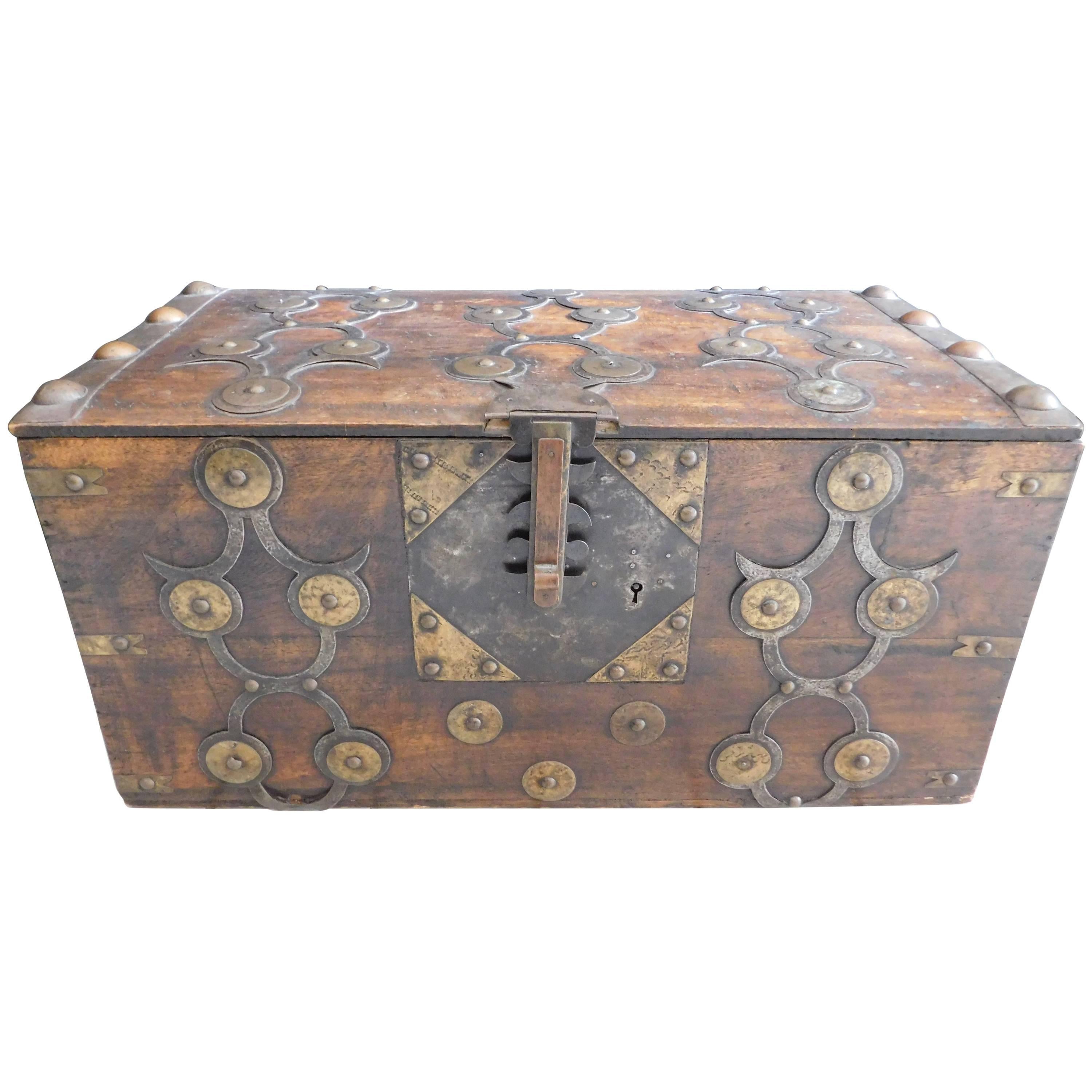 19th Century Anglo Indian NauticaSea Trunk with Brass and Iron Decorative Mounts