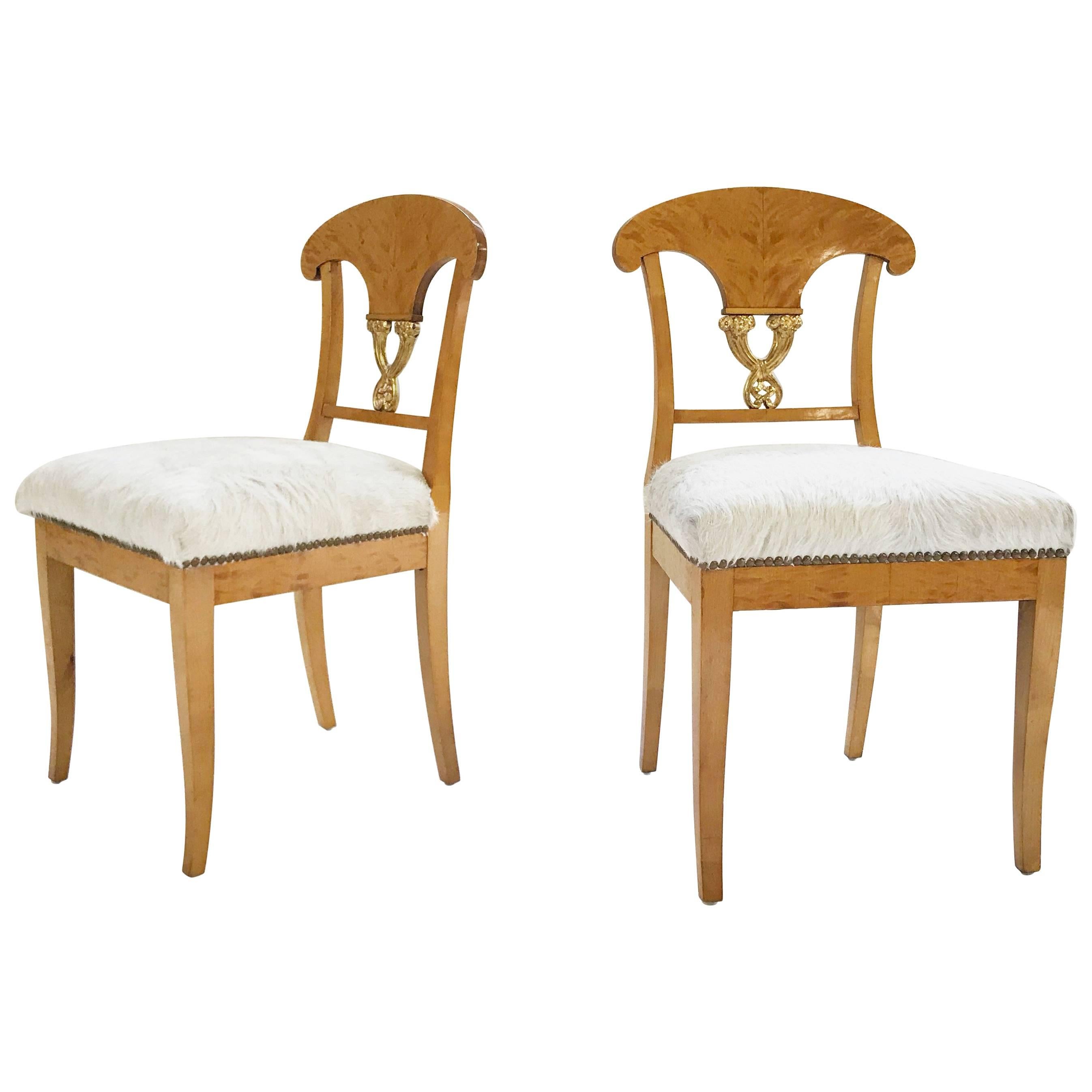 Pair of Satin Birch Biedermeier Chairs in Ivory Brazilian Cowhide, circa 1820