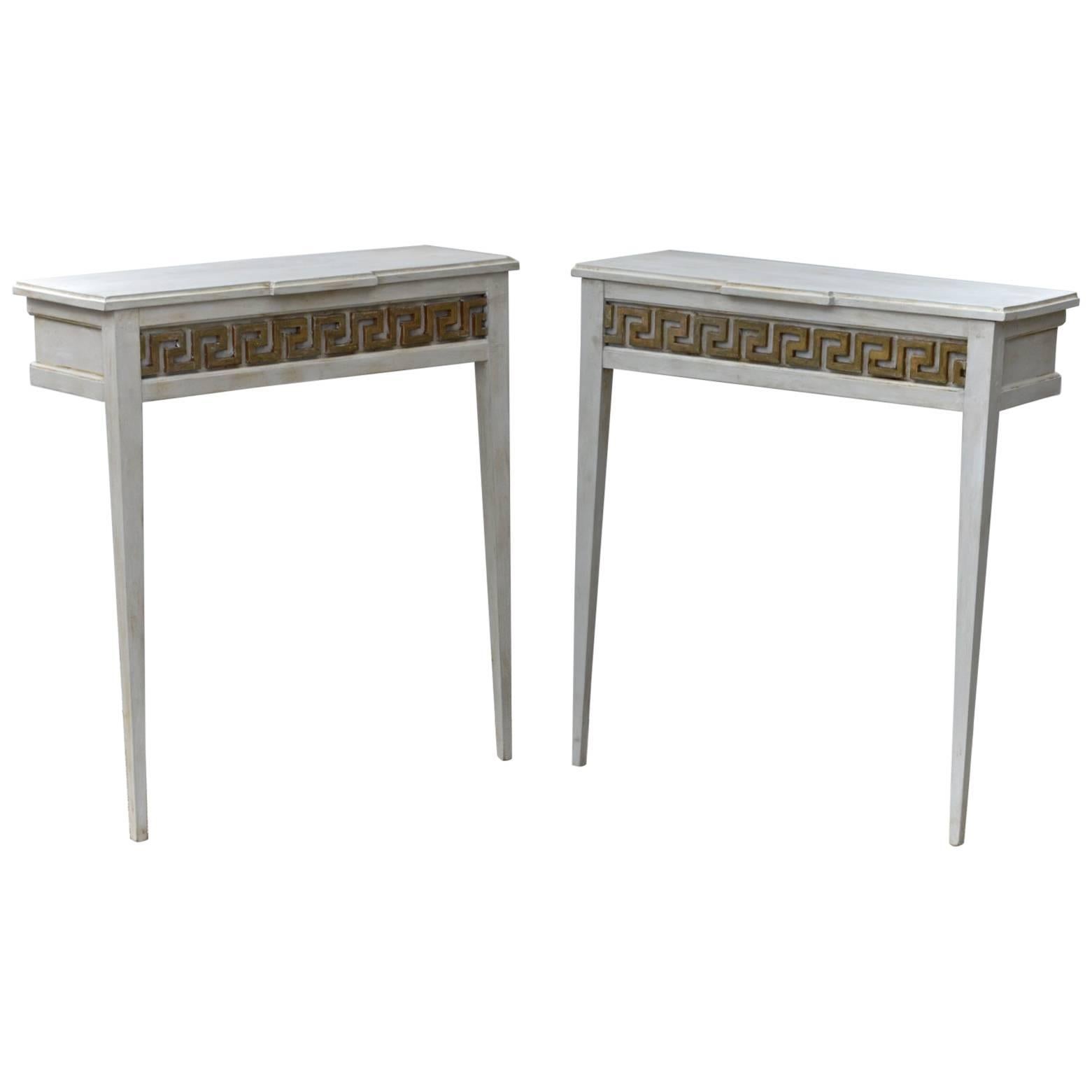 Gustavian Painted Console Tables Having Greek Key Detail, a Pair For Sale
