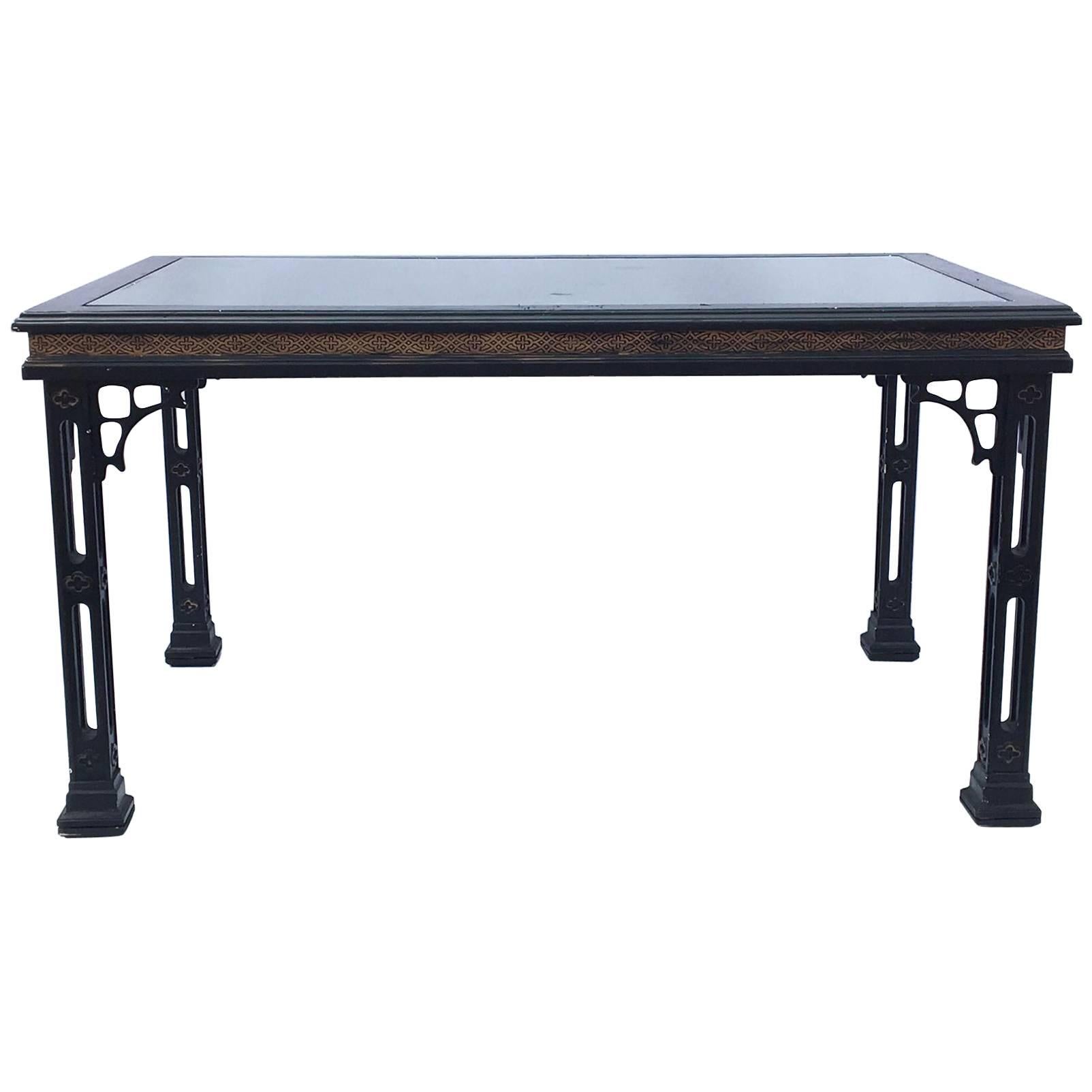 Hollywood Regency Asian Chinoiserie Fretwork Black Dining Table