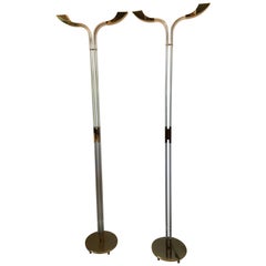 Pair of Italian Polished Brass and Lucite Modernist Floor Lamps