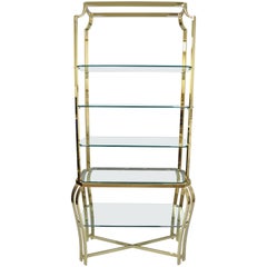 Hollywood Regency Brass & Glass Etagere Gold Bookcase in the Milo Baughman Style