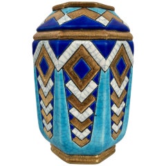 Goldene und blaue Art-Déco-Vase aus glasierter Keramik von Emaux de Longwy, Frankreich, 1930er Jahre