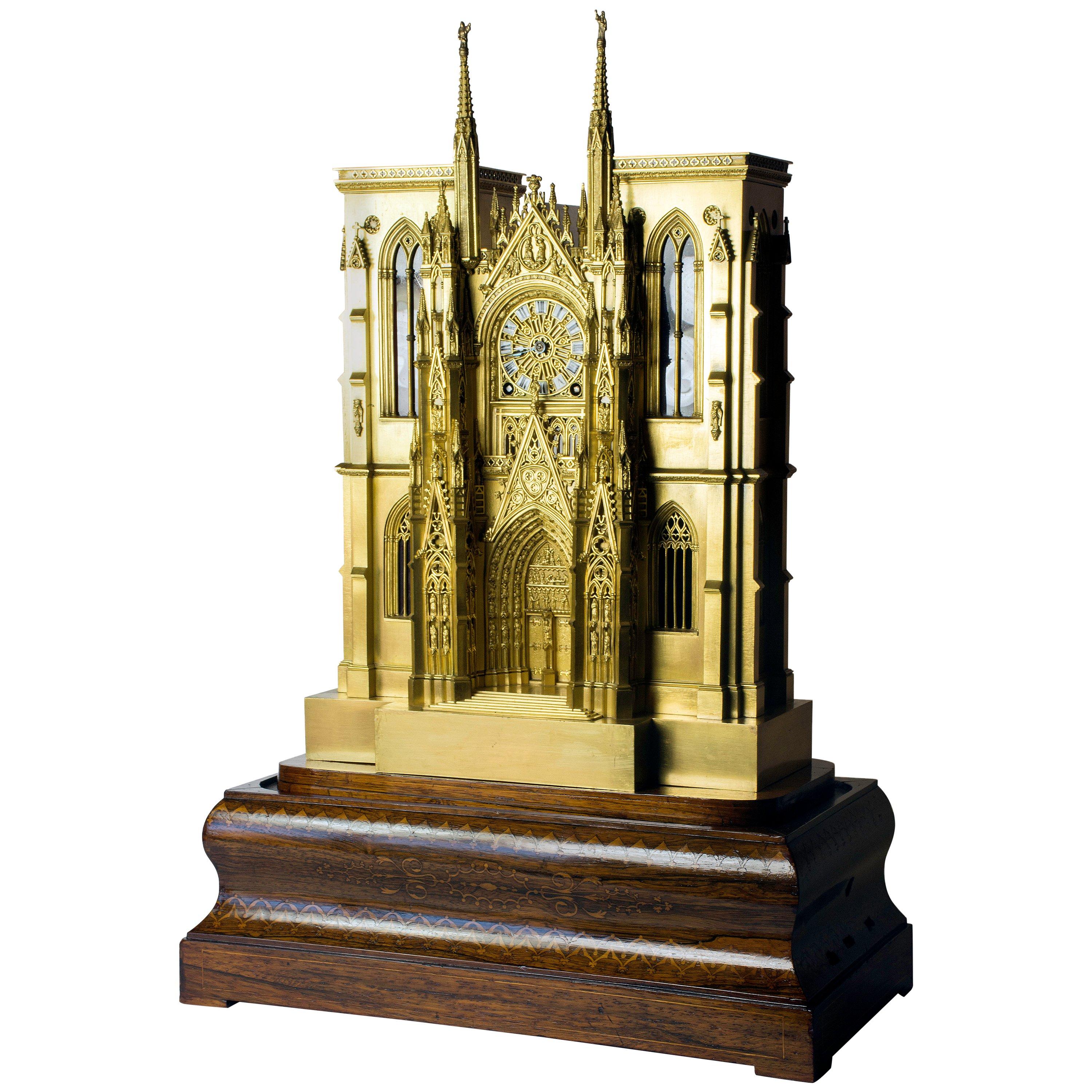 Fire-Gilded Bronze, 19th Century Rouen Cathedral Clock with Music Box For Sale