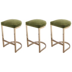 Set of Three Modern Milo Baughman Chrome & Green Mohair Cantilevered Bar Stools