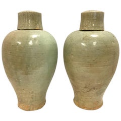 Pair of Chinese Covered Celedon Glazed Urns Vessels Jars with Cups