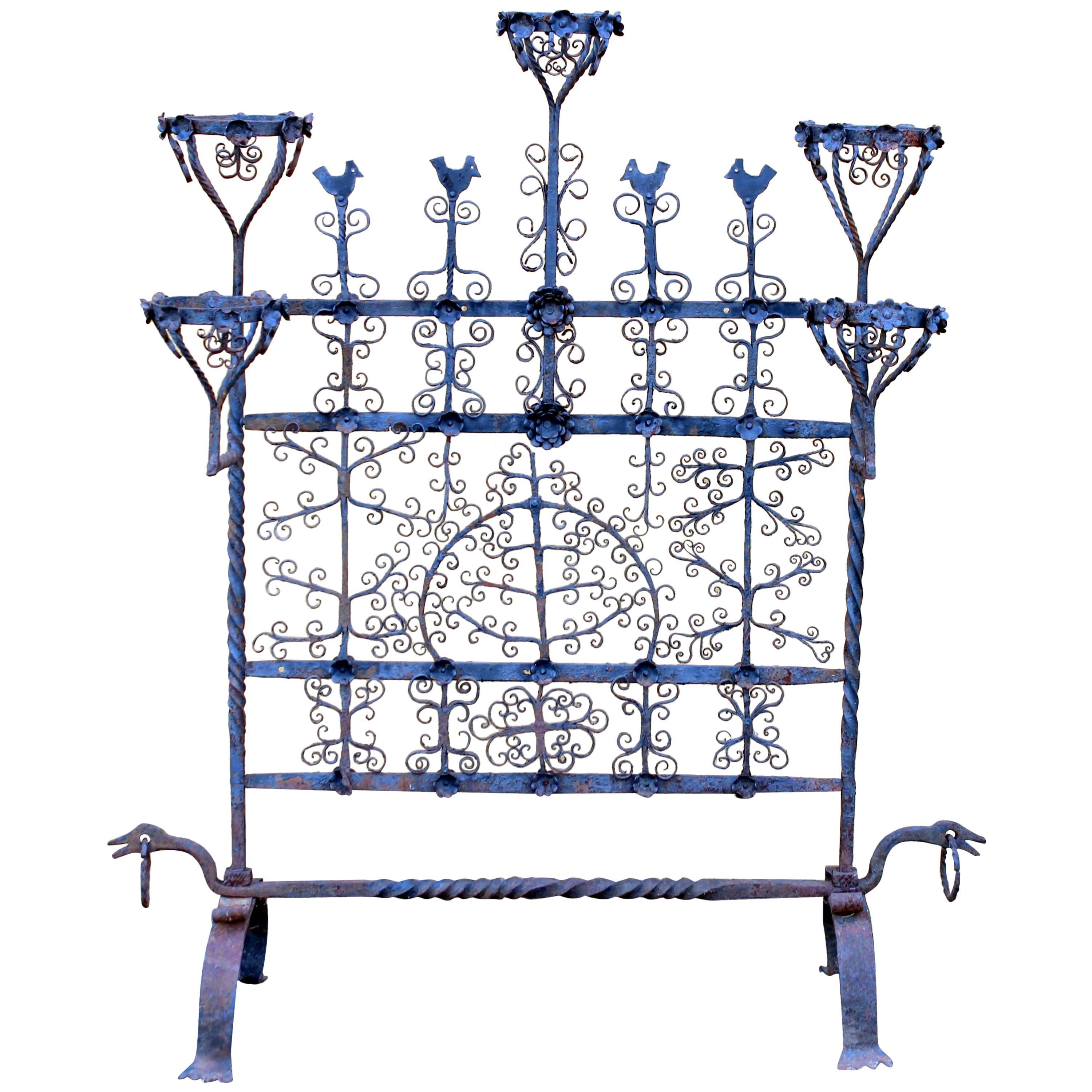 Antique Spanish Colonial Mexican Wrought Iron Yellin Fire Screen Plant Stand For Sale