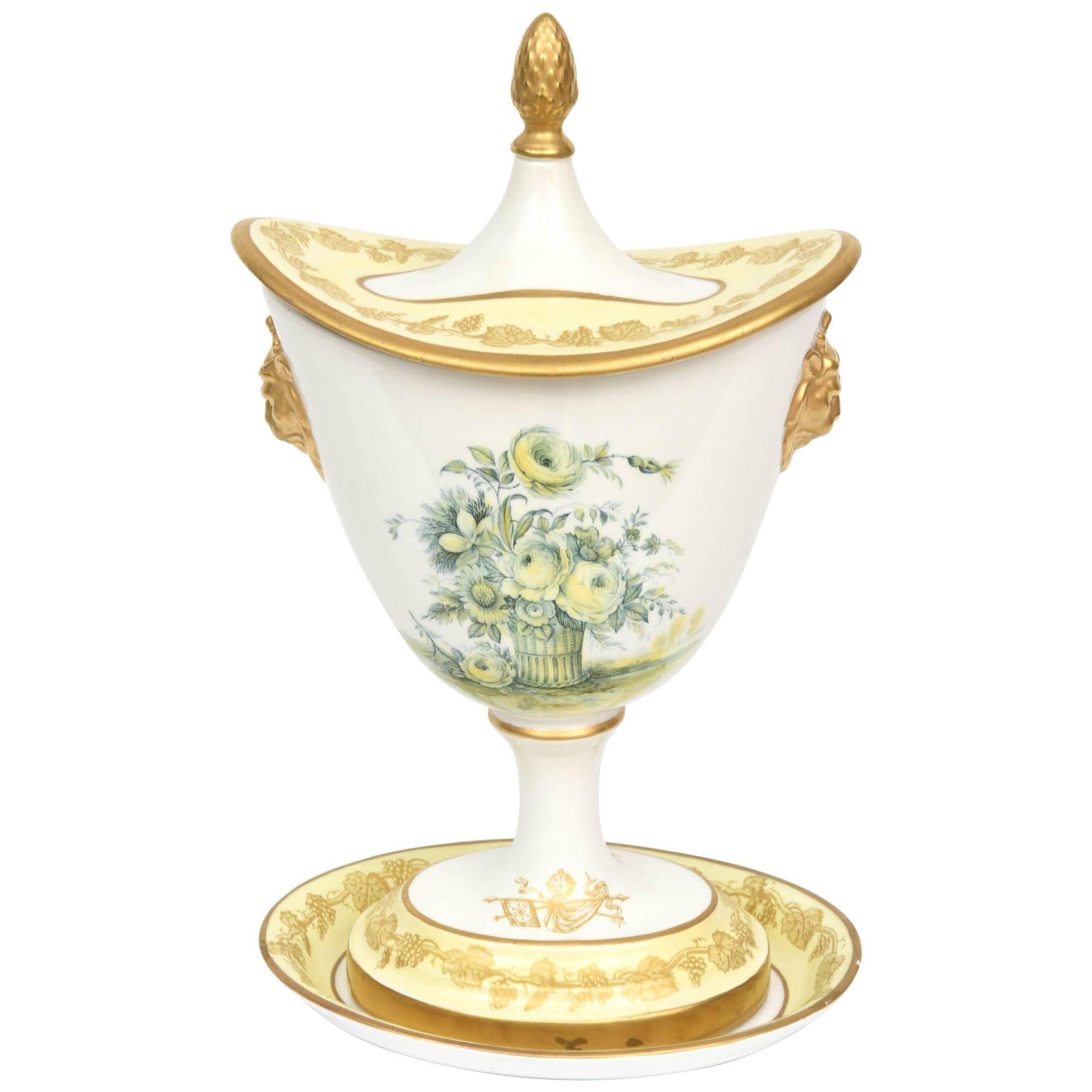 Yellow Covered Vase and Stand, Vintage Mottahedeh, Rose Floral Motif