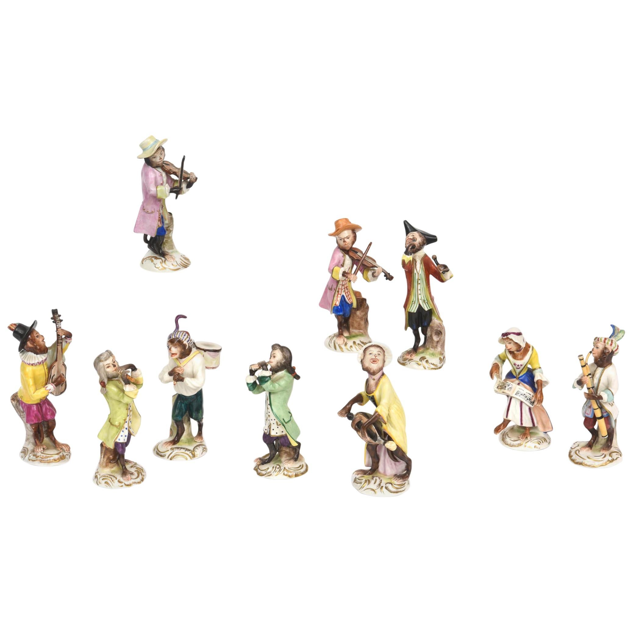 Whimsical Monkey Band Orchestra Meissen Style, Set of 10 Hand Painted Antique