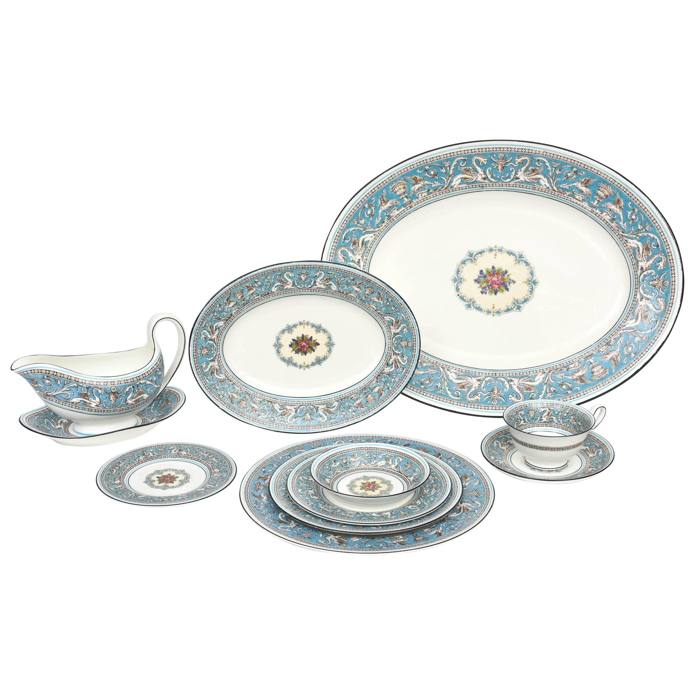 Wedgwood Turquoise China Dinner Service for 12, 92 Pieces Total, Florentine