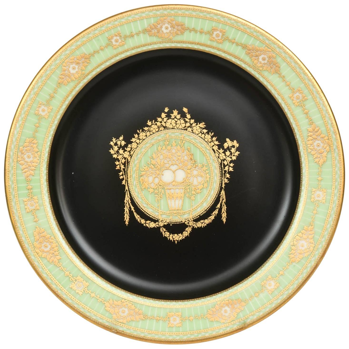 12 Antique Green and Black Rare Unique Embossed Gilt Dessert or Cabinet Plates