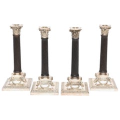 Set of Four Candlesticks, Classic Elegant Silver Plate Ebony Column, Ram's Head
