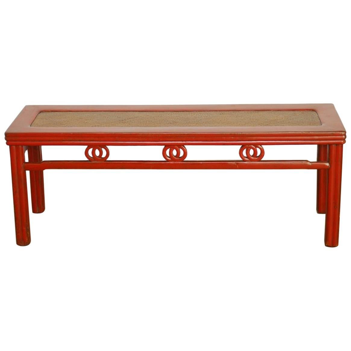 Chinese Red Lacquer and Raffia Carved Bench Seat