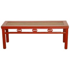 Chinese Red Lacquer and Raffia Carved Bench Seat