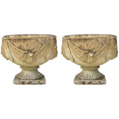 Antique French Cast Stone Urn Planter Pair with Swag and Fruit Detail