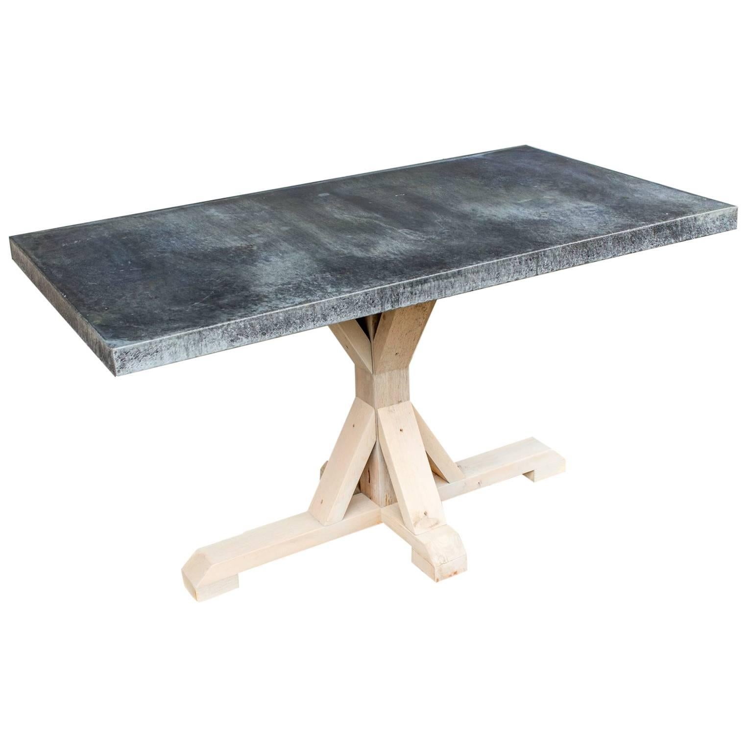 Galvanized Zinc Metal Top Dining Table with Wood Base