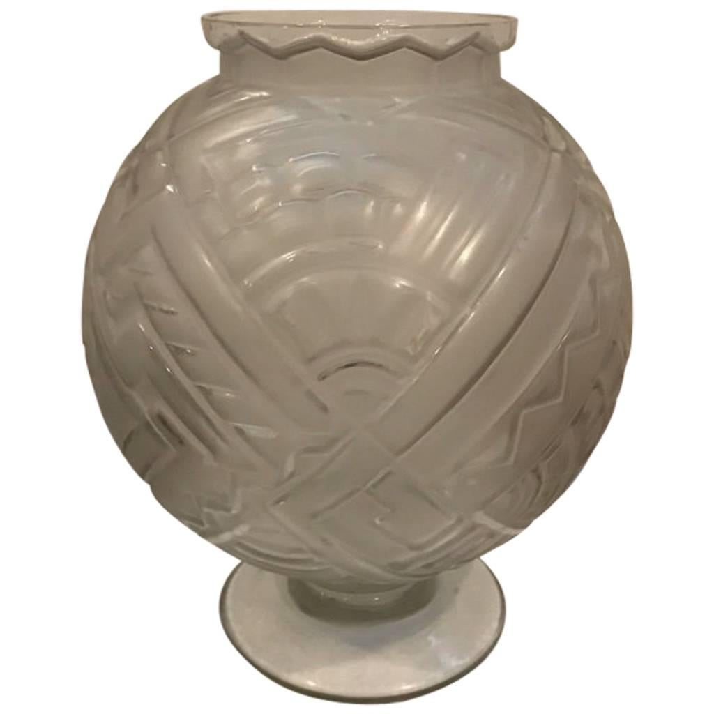 French Art Deco Geometric Signed Sabino Vase For Sale