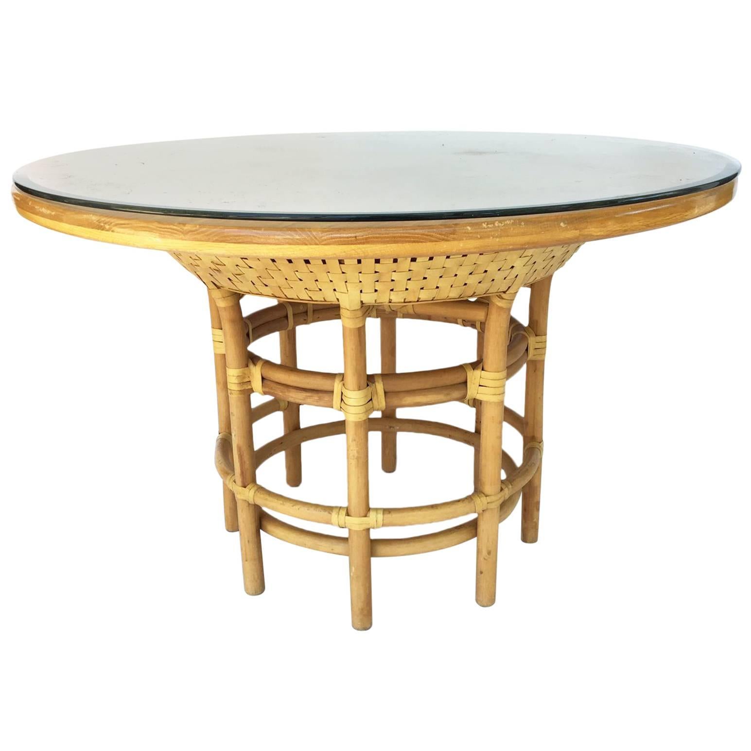 Leather Rattan Bamboo Round Dining Table in the Manner of Brown Jordan