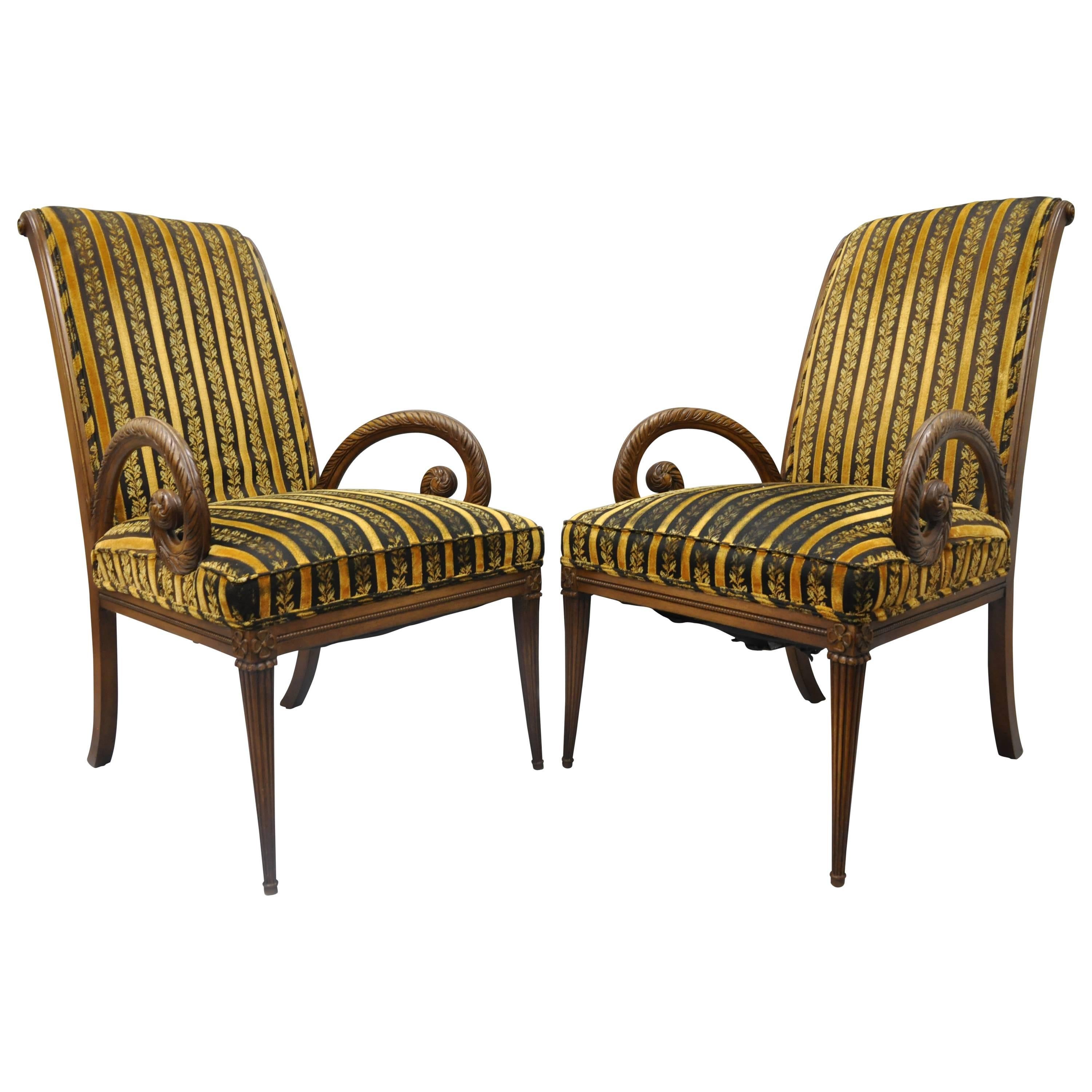 Pair of Grosfeld House Mahogany Armchairs Plume Feather Carved Hollywood Regency