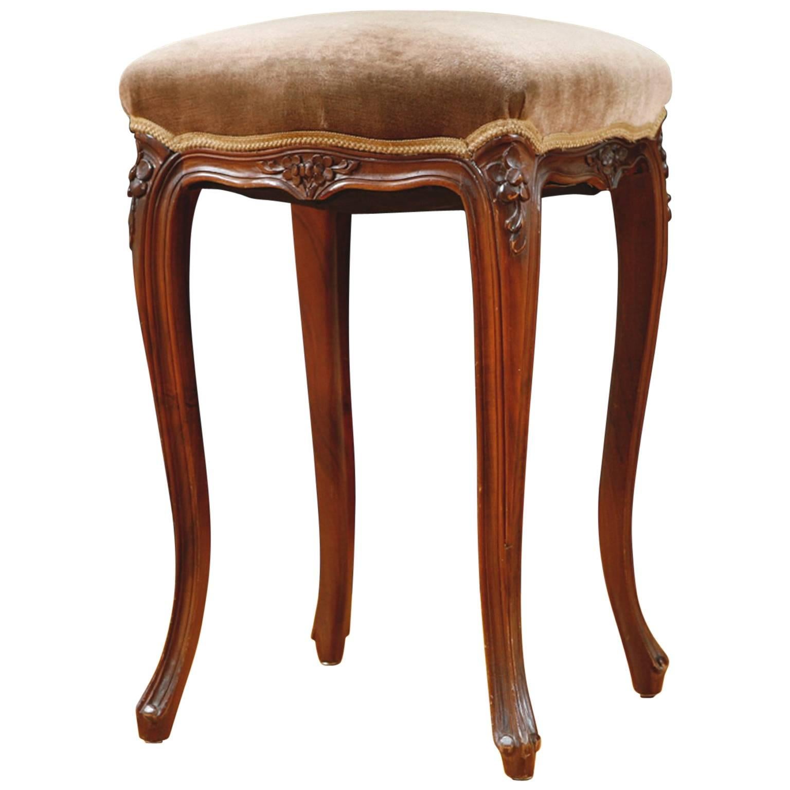 French Louis XV-Style Square Stool in Walnut with Upholstered Seat, circa 1900