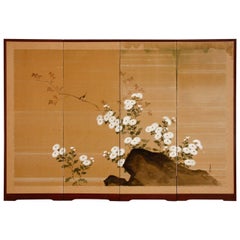 Japanese Four Panel Silk Byobu Screen of Chrysanthemums