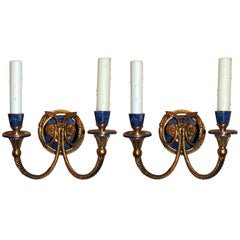 Wonderful Pair of French Gilt Dore Lapis Ormolu Mounted Two-Light Sconces