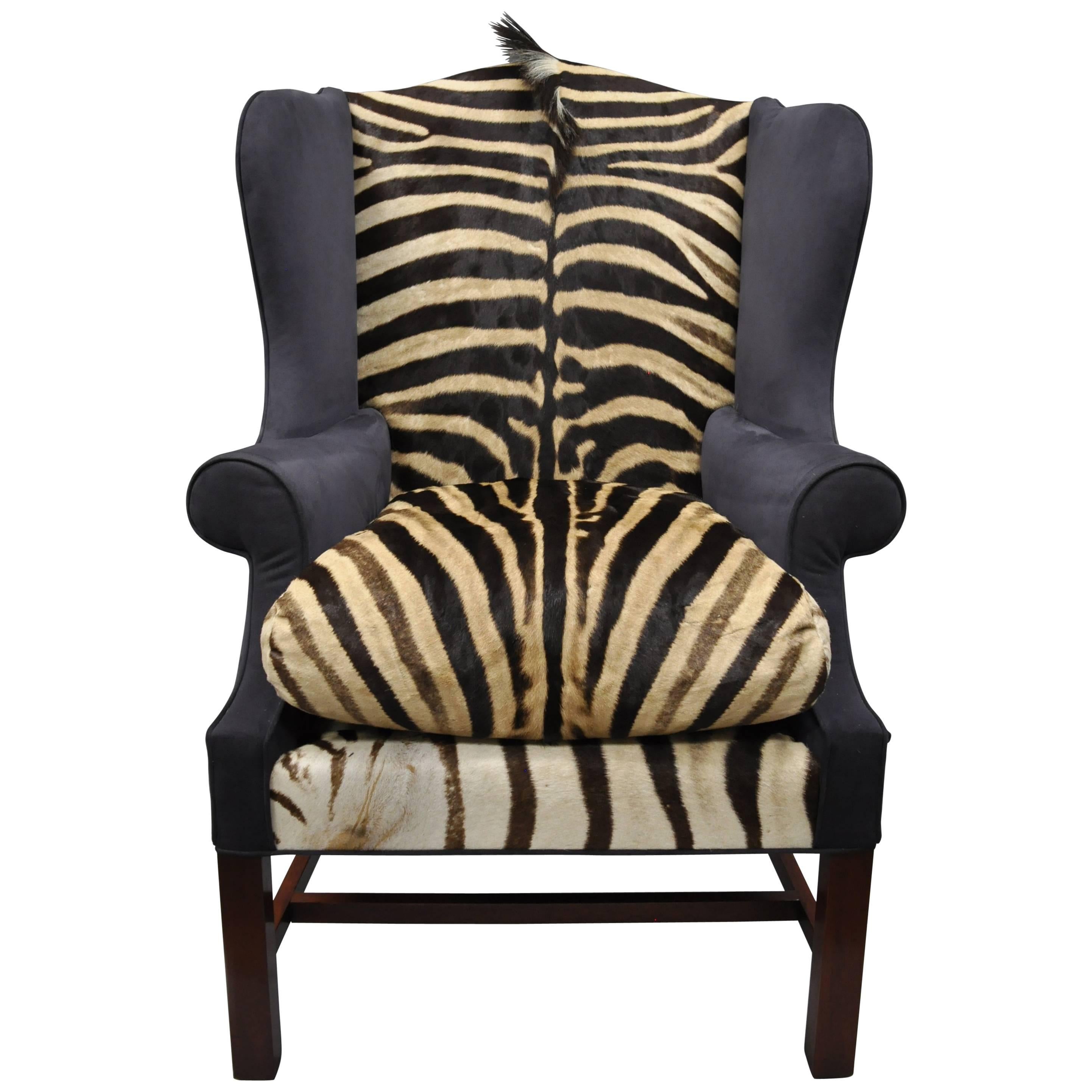 Zebra Hide Blue Suede Mahogany English Georgian Style Wingback Library Chair