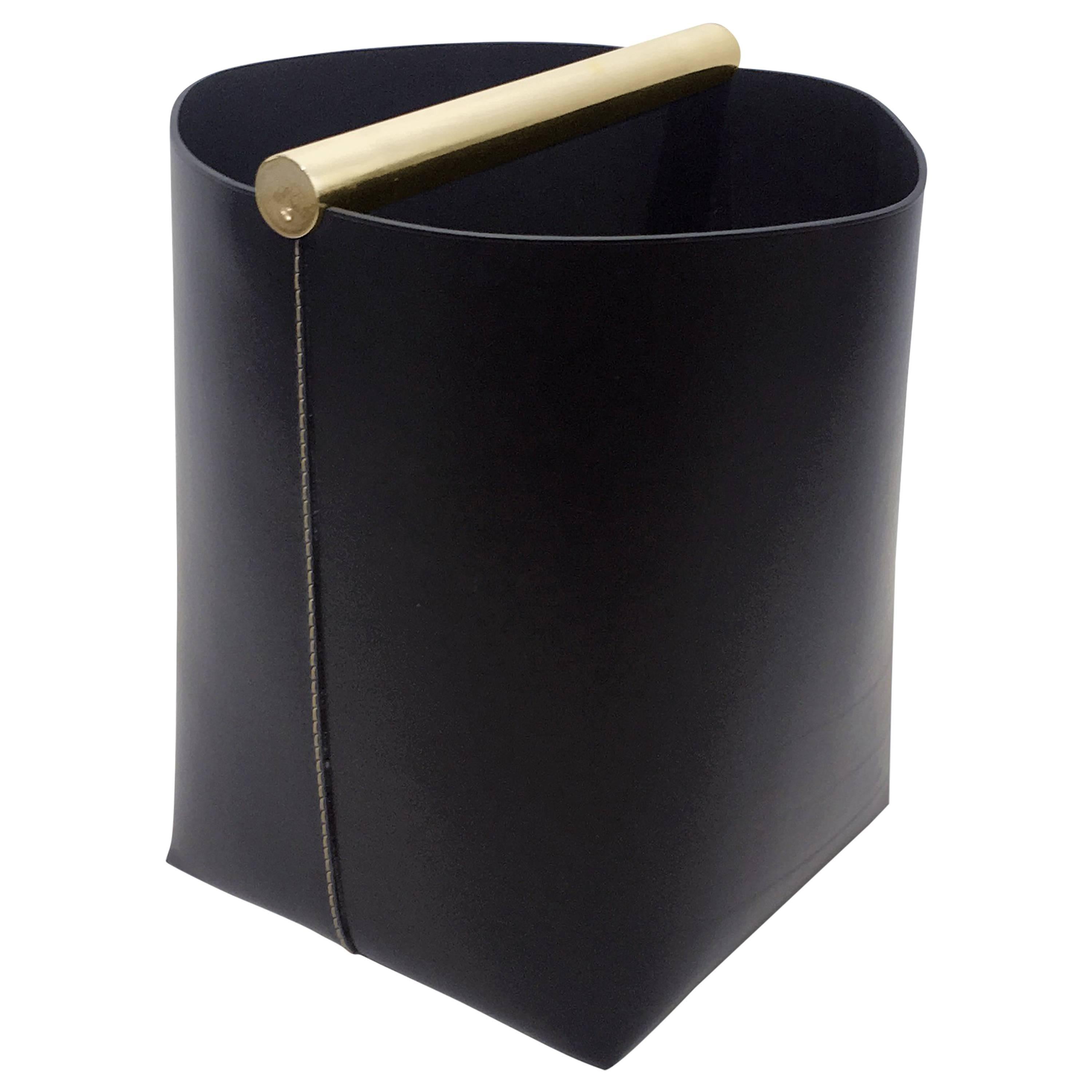 Contemporary Italian Leather and Swedish Brass Modern Minimalist Paper Basket