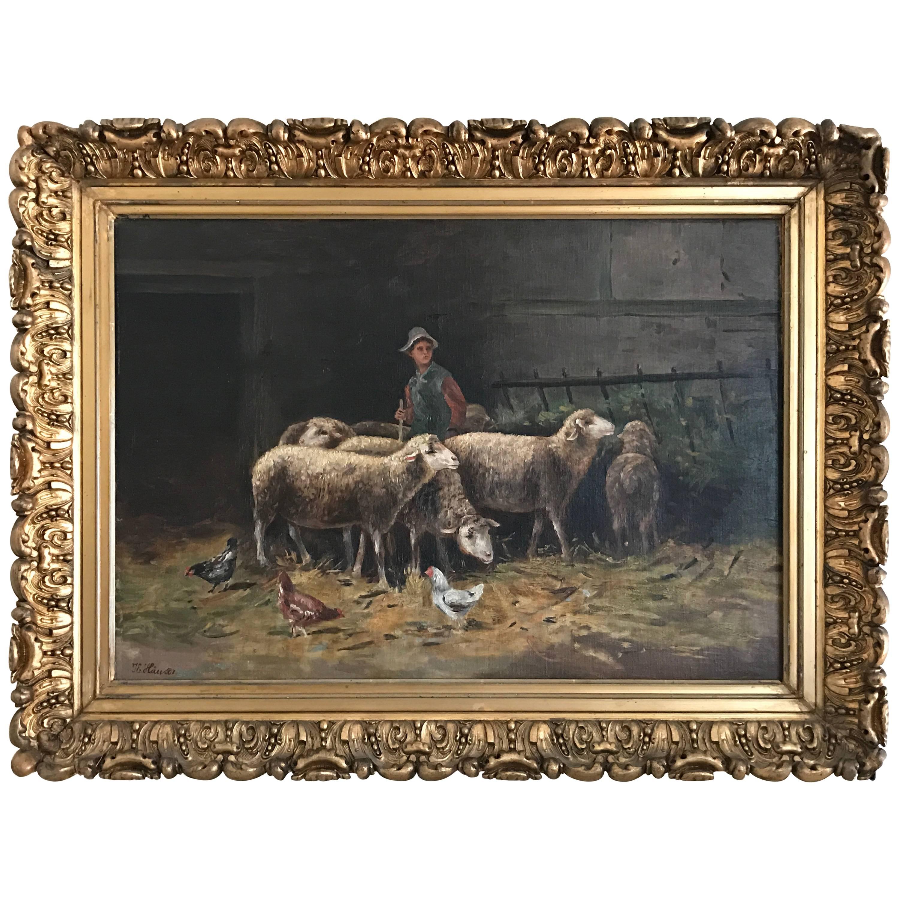 Oil on Canvas "Le Petit Berger Dans La Bergerie" Signed by Hauser