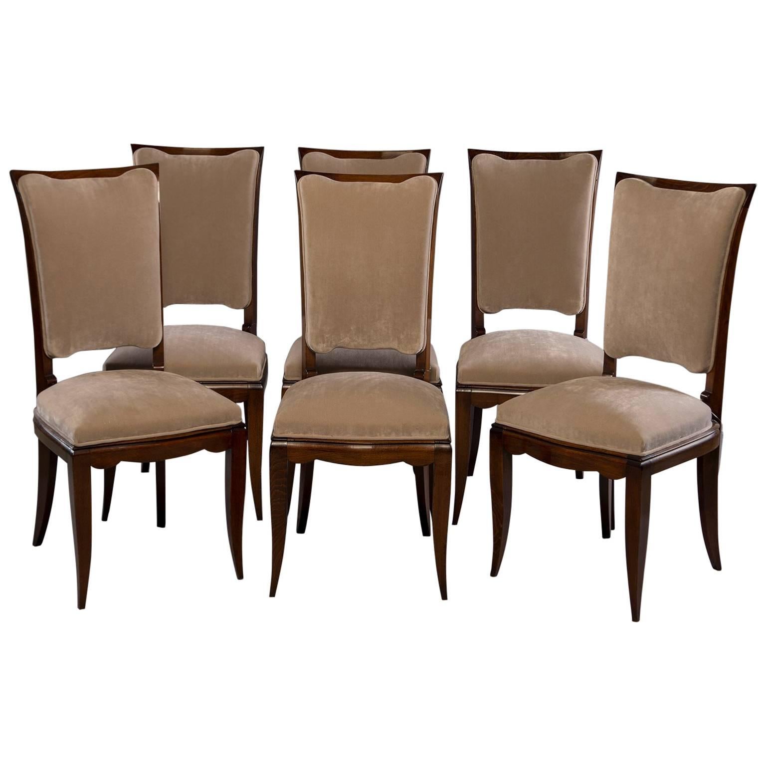 Set of Six Midcentury Italian Polished Walnut Dining Chairs