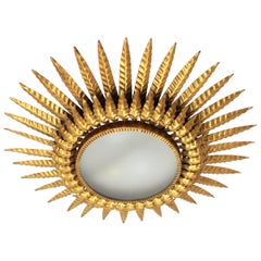 Double Layered Gilt Metal and Glass Sunburst Ceiling Light Fixture, Spain, 1950s