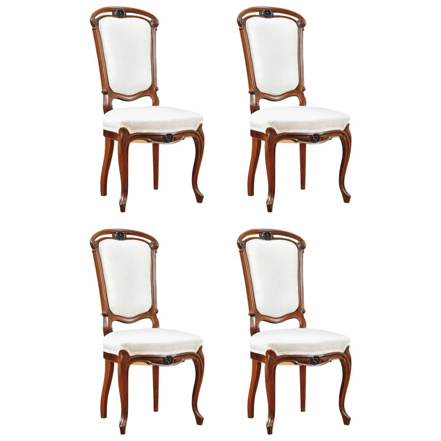 Set of Four Napoleon III Dining Chairs in Mahogany with Upholstery, circa 1880